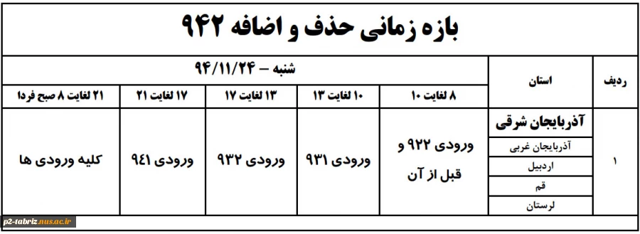 زمانبندی حذف و اضافه بهمن 1394