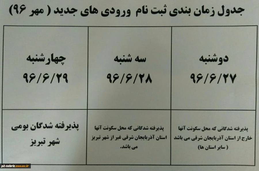 زمانبندی ثبت نام ورودی های جدید(مهر ۹۶)