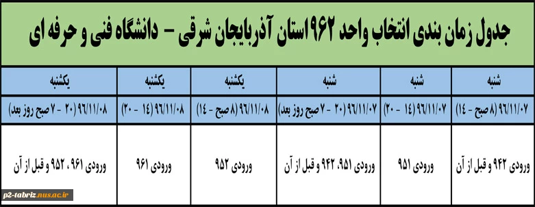 زمانبندی انتخاب واحد ترم بهمن 1396