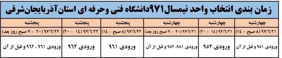 زمانبندی انتخاب واحد ترم  971