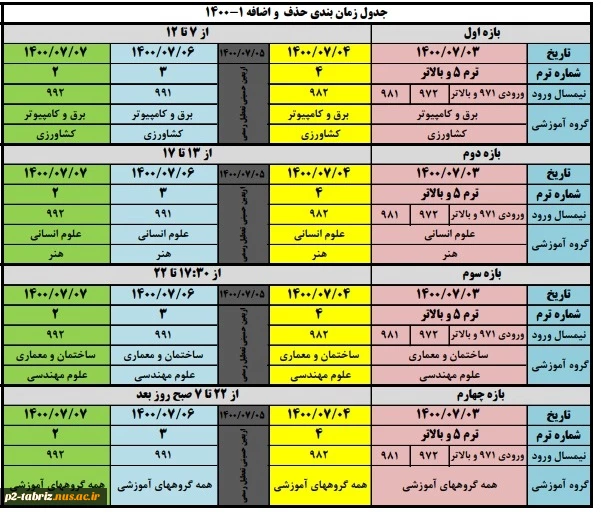 جدول زمانبندی حذف و اضافه 1401 - 1400