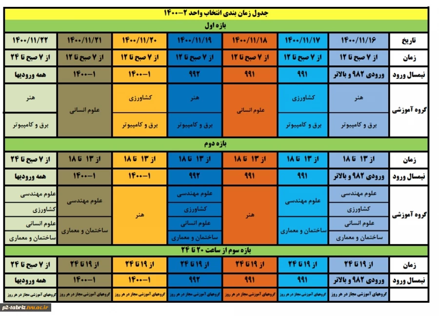 جدول زمان بندی انتخاب واحد نیمسال دوم 1400