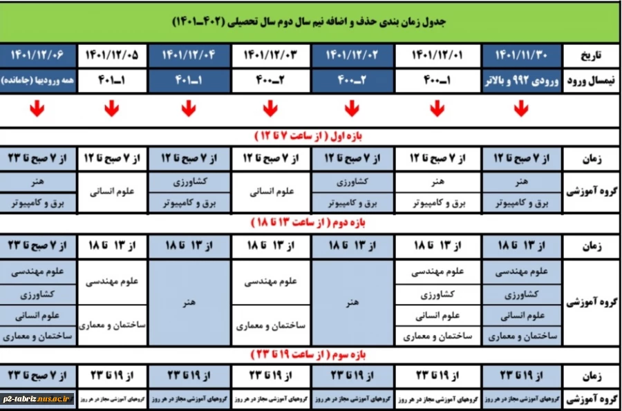 جدول زمان بندی حذف و اضافه نیم سال دوم ۱۴۰۲- ۱۴۰۱