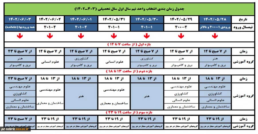 جدول زمان بندی انتخاب واحد نیم سال اول سال تحصیلی (403ـ1402)