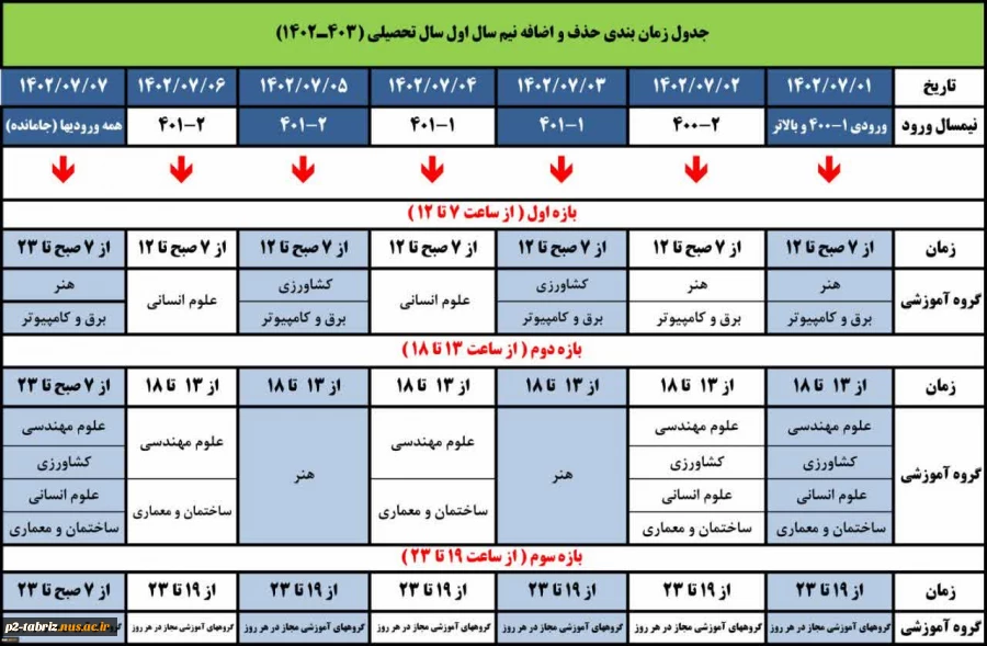 جدول زمانبندی حذف و اضافه نیمسال اول سالتحصیلی 1403-1402