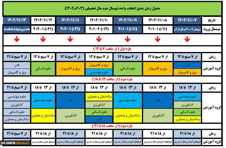 جدول زمان بندی انتخاب واحد نیمسال دوم سال تحصیلی (403ـ)1402